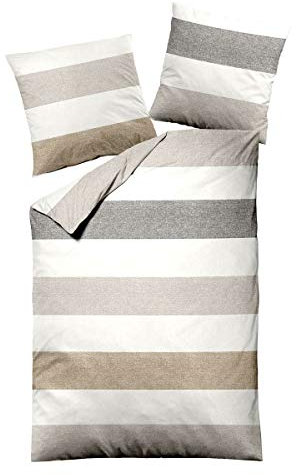 Traumschlaf Biber Bettwäsche Streifen Natur ideal für kalte Nächte Made in Germany mit Reißverschluss 155x220 cm + 80x80 cm