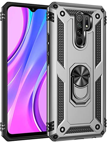 BestST Funda para Xiaomi Redmi 9,Elegante Armadura híbrida Robusta Funda de Doble Capa de Alta Resistencia para PC Duro Caso con Anillo Grip Kickstand con HD Protector de Pantalla,Plata