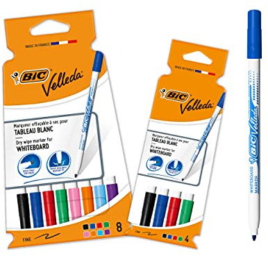 BIC Velleda, rotuladores de pizarra blanca, punta fina, ideal para los niños, colores surtidos, set de 12