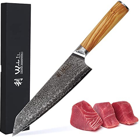 Wakoli Oribu Kiritsuke Messer 20 cm – Küchenmesser aus 67 Lagen - Damastmesser mit VG10 Kern, extra scharf, Olivenholzgriff, vielseitig für Fleisch, Fisch, Gemüse, Geschenkbox, Full Tang Messer scharf
