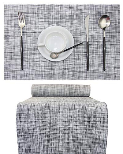 pigchcy Elegantes Platzsets mit 6 Tischläufern, Abwischbar Kunststoff Tischsets aus Verwobenem Vinyl Tischsets (6 Stück Platzsets + 1 Stück Tischläufer, Grau)