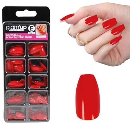 Glam’Up Paris - Faux Ongles - Pleine Couverture - Facile à Utiliser - 100 Pièces - Forme Ballerine - N°178 - Rouge