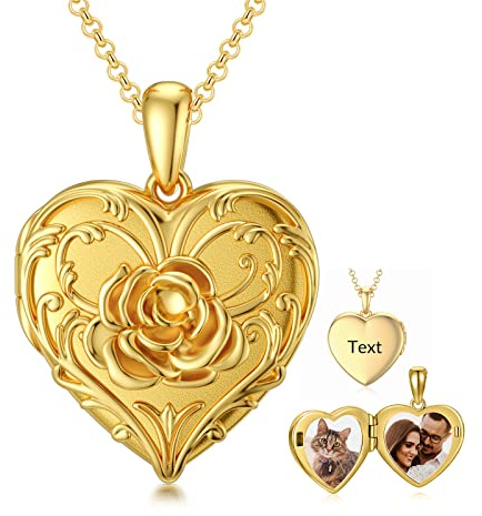 SOULMEET Personalisierte Rose Herzförmige Medaillon Halskette für 2 Foto Silber 9K 14K 18K Goldanhänger Erinnerungsgeschenk für Frauen Ehefrau Weihnachten Valentinstag Muttertag