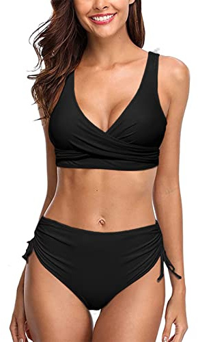 heekpek Maillots de Bain Femme 2 Pièces Taille Haute Rembourré Bikini Push Up Ensembles Bikini Deux Pièces Maillot de Bain Dos Nu, Noir, Taille XL
