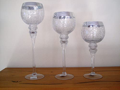 3tlg. Glaskelch Windlicht Set H40/35/30cm Silber - Crackle Glas Kelch auf Fuß Kerzenhalter Kerzenständer Kerzenleuchter 217