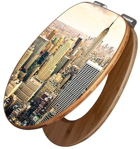 banjado Design WC Sitz Bambus Absenkautomatik 45,8x37,5cm / Toilettendeckel mit Absenkautomatik Holz/hochwertiger Bambus Klodeckel/WC-Sitz für gängigen Toiletten/Motiv New York City