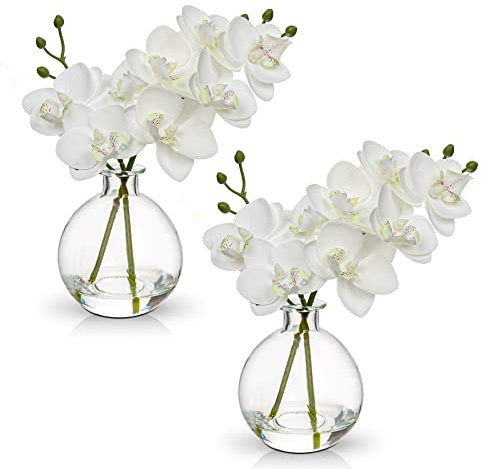 Oairse White Orchids Artificial Flowers Faux Orchid Arrangement with Clear Glass Vase Set of 2 Real Touch Phalaenopsis Orchid Flowers Orchid Centerpiece for Dining Room Table