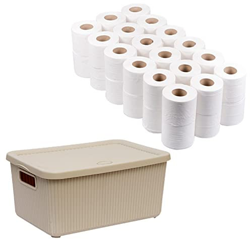 Set of 2-14L Storage Basket Lidded Bin with 36 Rolls x 22M White Toilet Roll Tissue Paper Soft 2-Ply Loo Plastic Box with Lid for Home Office Bathroom (Beige)