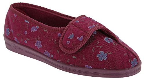 Comfylux DIANA Womens Wide Fit Velcro Floral Slippers Wine