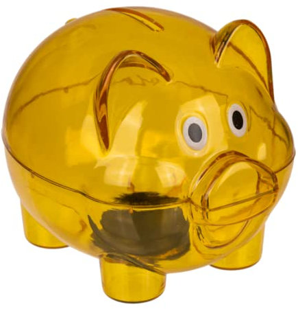 Hucha Cerdito de plástico Transparente. Huchas Originales tamaño PEQUEÑO (10 x 8 x 8 cm) Infantiles con tapón. Hucha Ligera y Resistente. (Amarillo)