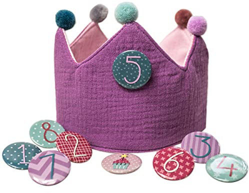 Papierdrachen Corona di compleanno in mussola con numeri – viola – per il compleanno dei bambini – corona in mussola con bottoni numeri da 1 a 8 | cappello decorativo per feste per ragazzi e ragazze