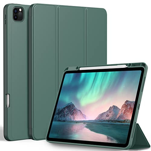 EasyAcc Hülle für iPad Pro 12,9 6/5/4/3 mit Stifthalter | Für 2022/2021/2020/2018 Model, TPU Rückseite mit Standfunktion,Auto Schlafen/Wachen,Nachtgrün