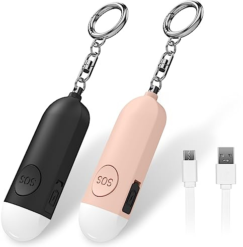 Qoosea 2 Sirène Personnelle Alarme Safesound Sirène de Sécurité Personnelle Rechargeable Sirène 130DB Alarme de Sécurité de Panique Approuvée par la Police avec Lumière LED Porte-clés d'auto-défense