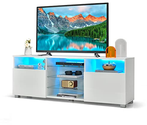 COSTWAY Mobile Porta TV con Luci, Mobile TV per Televisione Fino a 65, Tavolino Multifunzionale da Soggiorno, con Ripiani in Vetro Regolabili, Mobiletto Porta TV a 2 Porte, 146 x 35 x 53 cm