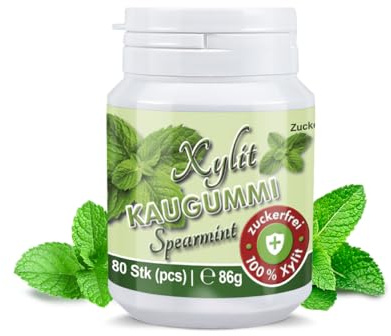 Xylit Kaugummi - Tschüß Karies: 80 zuckerfreie Zahnpflegekaugummi - 100% Xylit, ohne Aspartam, vegan - angenehmer Atem & frischer Mund - Spearmint-Geschmack (1 Dose)