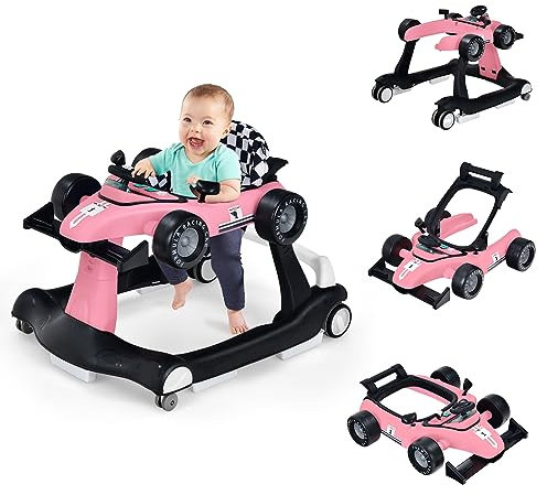 COSTWAY Girello per Bambini 4 in 1, Girello Pieghevole con Altezza e Velocità Regolabili, Carillon con Luci, Volante, Primi Passi per Bambini 6-18 Mesi, Portata 12 kg (Rosa)
