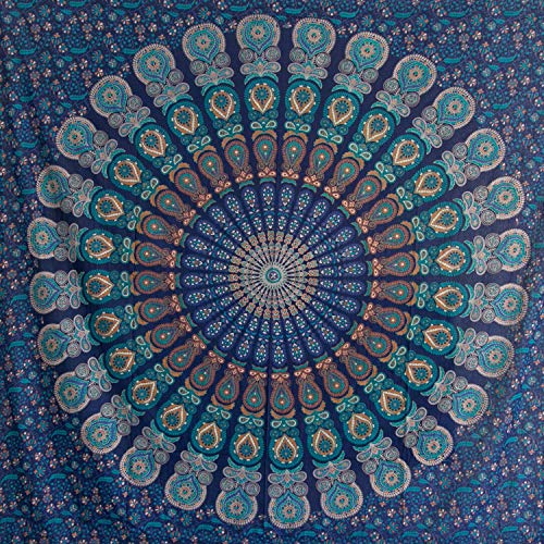 MOMOMUS Wandteppich Mandala 135 x 210 cm, Blau | Wandbehang für mittelgroße Wände: Mandala-Tuch 135 x 210 cm, einseitig bedruckt, leichter Fall, einfach aufzuhängen