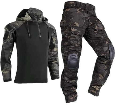 ZMIN Paintball Arbeitskleidung Hosen Militär Uniform mit Pads Schießen Taktische Hemden Kampfanzüge Camo Hosen Black CP with Pads S
