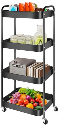Küchenwagen, 4-Schicht Aufbewahrungswagen, Servierwagen, mit Rädern Griffen Bremsen, 42x29.5x102cm Mobiler Metall Aufbewahrungsregal für Küche, Bad, Waschküche, Schlafzimmer, Lagerhaus, Lagerung
