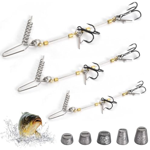 Zimoer 3 st fiskekrokar pike stinger rigg grunt rigg fiskekrokar stark storlek S M L för Gädda drag med vikter 5 g, 7 g, 10 g, 15 g, 20 g för mjuka beten, fiskeutrustning set