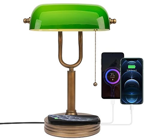 JCPYIUL Lampe Banquier Verte, Lampe de Bureau Vintage avec Chargeur Sans Fil et Port USB, Lampe de Table pour Bureaux Bibliothèques Salles D'études et Lampe de Chevet