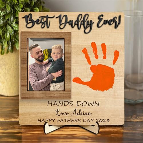 Best Daddy Ever Handabdruck-Schild mit Namen, Bild, personalisierbarer Fotorahmen, DIY, Handabdruck, Handabdruck, Rahmen, Geburtstag, Vatertag, Dekoration, Geschenk für Vater, Opa, Ehemann