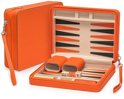 Yellow Mountain Imports Travel Size Backgammon Mini Game Set, Alanya - Magnetic Checkers and 9-inch Board in Sleek Leatherette Case - Classic Strategy Board Game