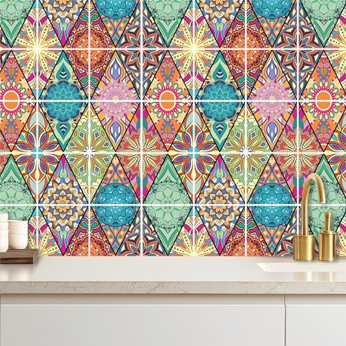 WALPLUS Mosaikfliesen Selbstklebend Fliesenfolie Starke Haftung Klebe Fliesen Aufkleber Wasser- und Hitzebeständig Selbstklebende Fliesen Küche Bad Buntes Blumenmandala (24 Stück x 15x15cm)