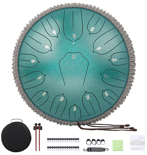 Musfunny Zungentrommel Handpan Steel Tongue Drum: 12 Zoll 15 Tone Stahlzungentrommel D-Dur Handpan Instrument mit Musikbuch Tragetasche für Geburtstagsgeschenk Meditation Yoga (Grün) | D Dur Steel Tongue Drum Mit Musikbuch Schlägel Trommel Tragetasche - Steel Pan Für Geburtstagsgeschenk Yoga Meditation