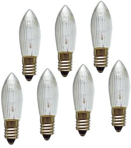 Erzgebirgslicht - AUSWAHL - 7x Topkerze Spitzkerze 34V 3W E10 für 7 Brennstellen Ersatzbirne Glühbirne Riffelkerze Glühlämpchen für Lichterketten und Schwibbogen (keine LED!)