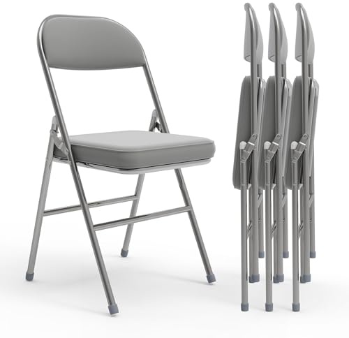 PIPIPOXER 4er Set Metall Klappstuhl Gepolstert Klappstühle aus Leder, Klappstühle für den Innenbereich, bequem PU Klappstuhl, faltbar, platzsparend, für Partys Picknicks,Grau