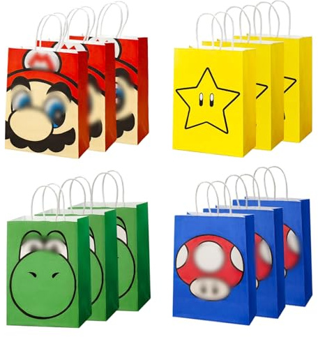 12 Stück Party Geschenktaschen mit Henkel, Kinderparty Süßigkeiten Tüten, Bunt Geschenktüte, Partytüten Candy Tüten zum Befüllen mit Spielzeug Mitgebsel, Kindergeburtstag Ostern Party