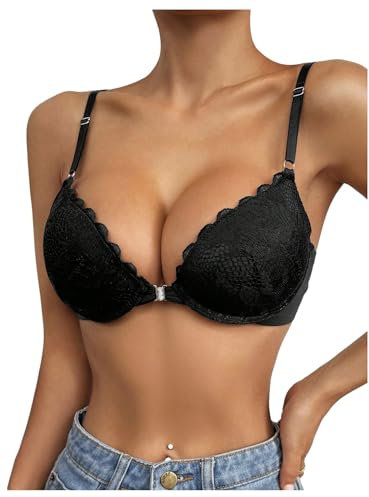GORGLITTER Women's Underwire Push Up Front Fastening Bras Adjustable Strap Sexy Lace Everyday Bra Black 32B
