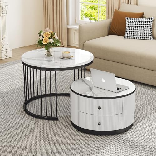 Merax Rund Couchtisch Set, 2-in-1 Beistelltisch Satztisch 2er Modern Elegant Wohnzimmertisch mit Stauraum, Nesting-Kombination, mit hochglänzender Marmoroptik/2 Schubladen, für Wohnzimmer Büro(Weiß