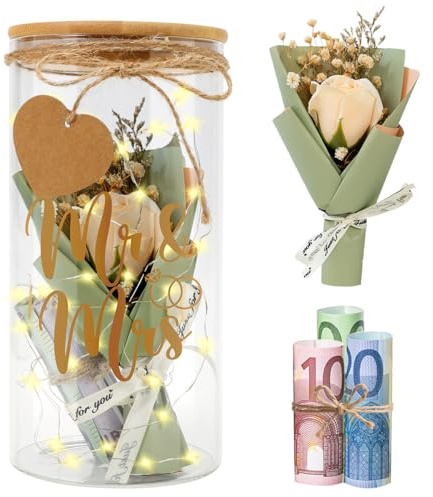 Hochzeitsgeschenke für Brautpaar, Mr&Mrs Flaschenlicht Hochzeit LED, Geldgeschenk Hochzeit Verpackung mit Trockenblumen, Lichterkette, Hochzeitsgeschenk Geld Spardose Sparschwein Hochzeits