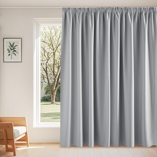 PONY DANCE Vorhang Verdunkelung Kräuselband Extra Breite Gardine Thermo | 1er Set, H245 x B300 cm, Silbergrau, Blickdichte Gardinen, Hitzeschutz, für Schienensystem, für Schlafzimmer Wohnzimmer