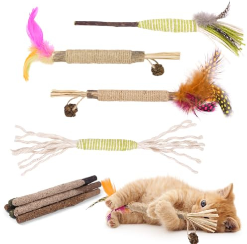 OSDUE Bâtonnets Herbe à Chat, 10 Pièces Jouet Chats Bâton à Mâcher Matatabi et Plumes Naturelles Jouet Interactif Interieur Boules d'herbe À Chat Comestibles Nettoyage des Dents Libération du Stress