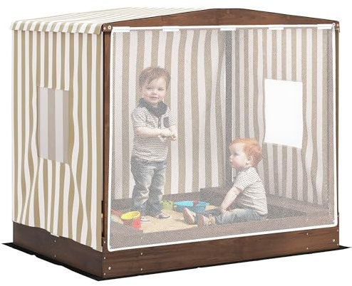 AIYAPLAY Sandkasten mit Vordach und Netztür, 142 x 101,5 cm Sandkiste aus Holz Sandbox mit Sitzbank, Stauraum, Bodenschutz, für 4 Kinder 3-6 Jahre Braun