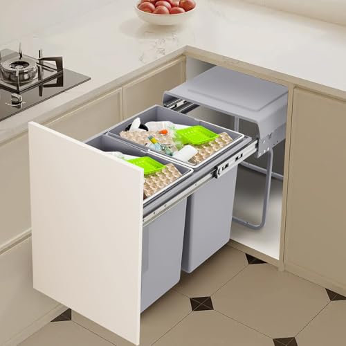 Esyogen Pull out Kitchen Bin 2 x 20L Built in Rubbish Bin Waste System, Low Kitchen Rubbish Can, Sliding Recycle Waste Bin, Waste System, 2-Way Separation, 49x35x43cm