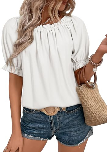 Dokotoo Damen Bluse Sommer Chiffon Shirts Kurzarm Falten Tunika Elegant Rundhals Puffärmel Oberteile Tshirt Top S-2XL