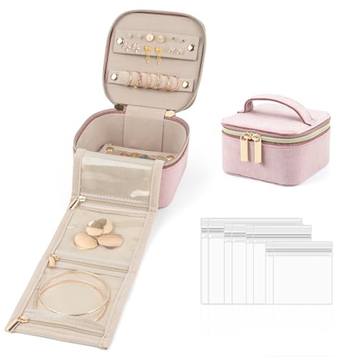 EZESO Boîte à bijoux, petit organiseur de voyage pour bijoux, étui de rangement, boîte cadeau portable en velours avec 8 pochettes à bijoux transparentes pour collier, bague, boucles d'oreilles pour