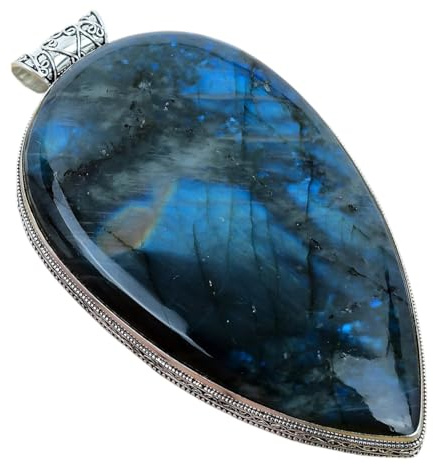 Pendentif Labradorite pour femme - Grande pierre précieuse marquise en argent sterling 925 - Cristal bleu flashy - Bijou de guérison