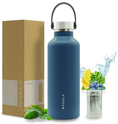NAQULA® Thermosflasche 500 ml mit Tragegriff und abnehmbarem Sieb f Tee od Früchte. Edelstahl Trinkflasche auslaufsicher, kohlensäurehaltige Getränke geeignet, Isolierflasche heiß und kalt. (Blau)