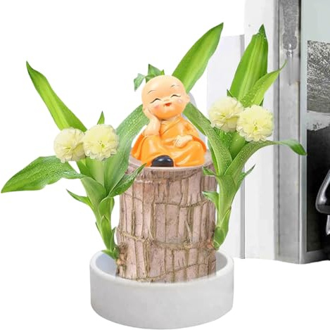 Madera Brasileña - Planta De Escritorio En Maceta,Planta de la Suerte Purificadora de Aire con Figurilla de Monje para Sala de Estudio Terrario Jardín Dormitorio Sala de Estar Baño