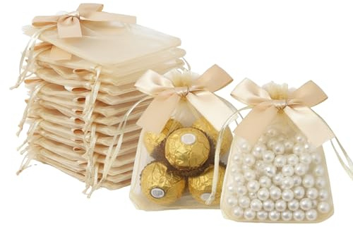 30 Stück Organzasäckchen Hochzeit Geschenkbeutel Klein mit Bogen und Kordelzug 9x12cm für Hochzeit, Geschenkbeutel, Geburtstagsgeschenke, Weihnachten (Gold)