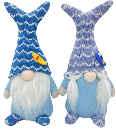 Xzlgyffy 2Pcs Summer Beach Home Gnome Room Decorations, Women's Gifts Handmade Blue Ocean Kitchen Summer Layered Tray Decorations Beach Gnome Plush, Birthday Gnome Gift (Wave)