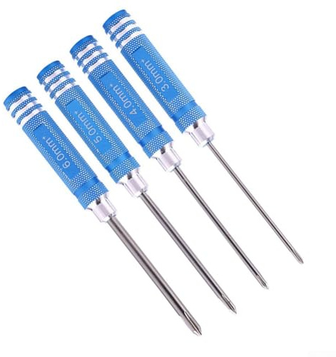 Besttoolifes Set di 4 cacciaviti a croce da 3 mm, 4 mm, 5 mm, 6 mm, con manici in alluminio antiscivolo, per chiavi manuali HSS per riparazioni di elicotteri RC e manutenzione del modello (blu)
