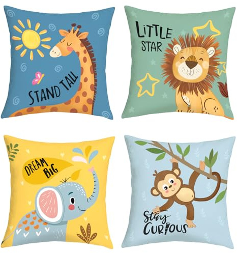 Joymaison Kissenbezüge 40x40 4er Set Tiere Karikatur Elefant Giraffe Löwe