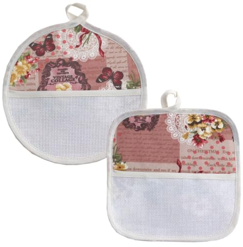 Presine da Cucina da ricamare a punto croce, Set da 2 Pezzi presine da cucina con tela aida, Coppia di presine Fiori/Farfalle (191 ROSA ANTICO)