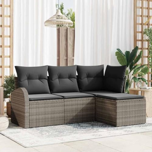 Runheo Garten Loungeset Grau, 4-teilig, Poly-Rattan, mit Kissen & Stauraum, wetterfest, modular für Terrasse, Balkon, Outdoor-Möbel